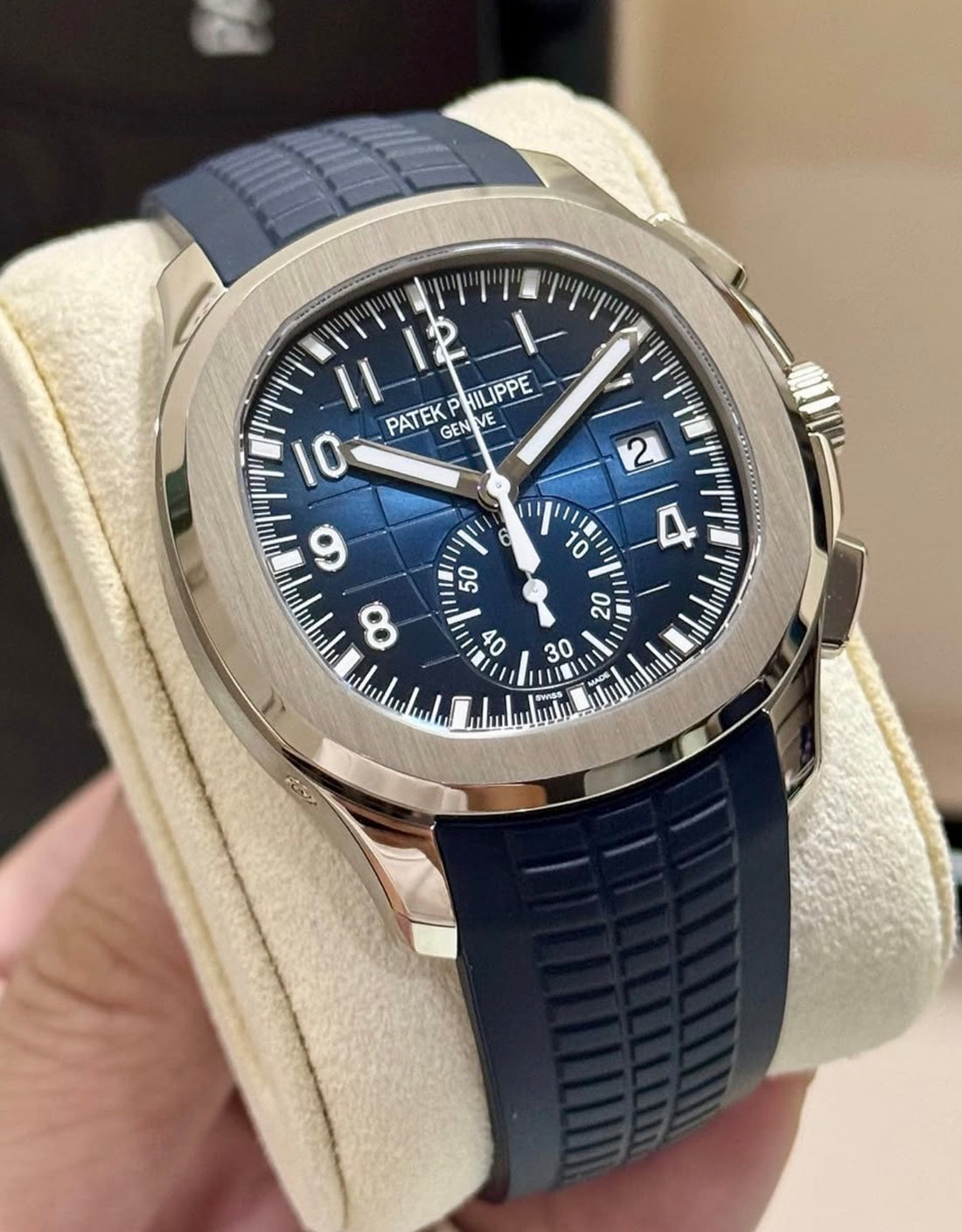Patek Philippe Aquanaut Chronograph 5968G-001 blue dial, angled front view on cushion