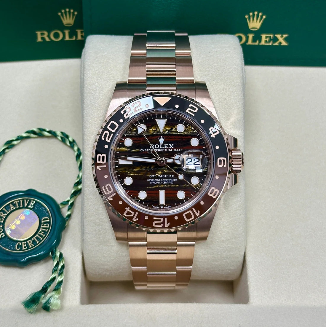 Rolex GMT-Master II 40mm Everose Gold Tiger Iron Dial Cerachrom Bezel Oyster Bracelet - 126715CHNR - 2025