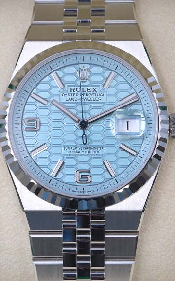 Rolex Land-Dweller 40 Platinum Ice Blue Honeycomb Motif Dial Fluted Bezel Jubilee Bracelet 127336 - 2026