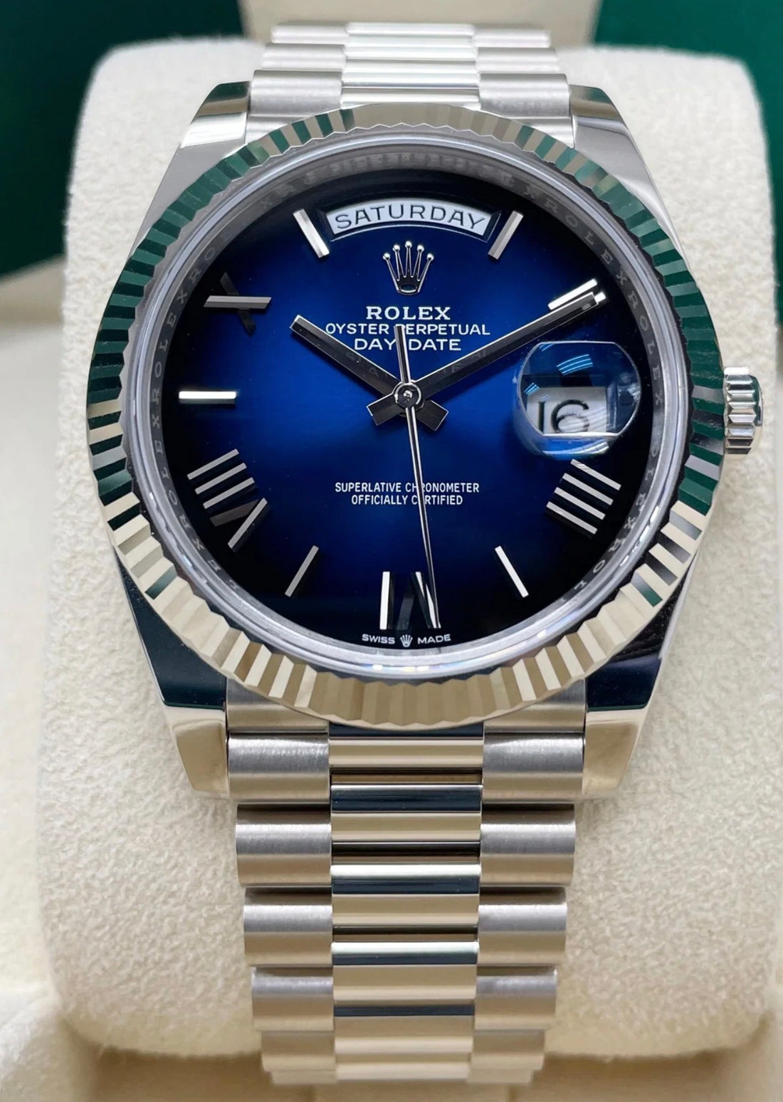 Rolex Day-Date 40 228239 front view with blue ombré Roman dial and President bracelet