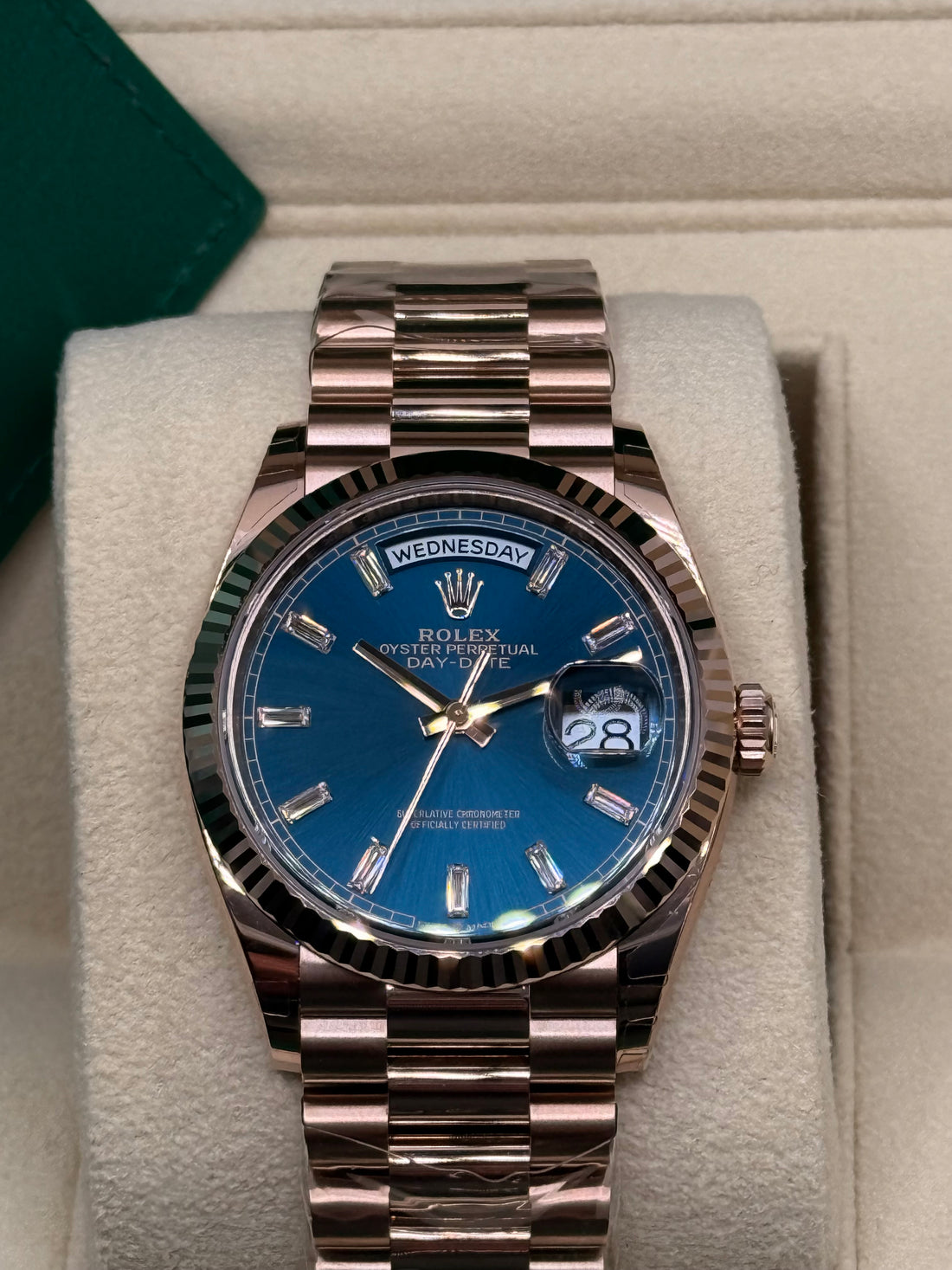 Rolex Day-Date 36 36mm Blue-Green Diamond-Set Dial Fluted Bezel President Bracelet - 128235