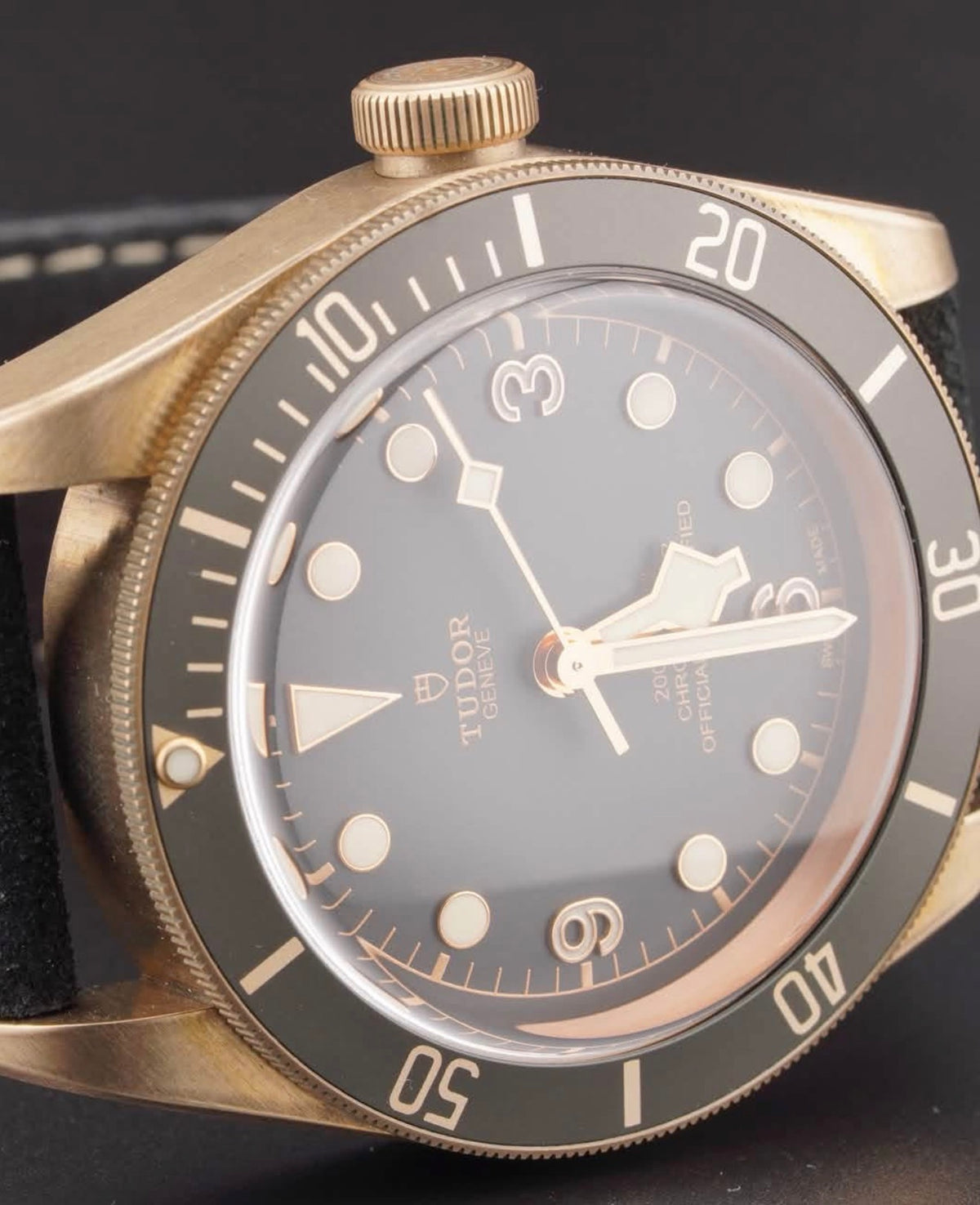 Tudor Black Bay Bronze M79250BA-0001, slate-gray dial and bezel with black nubuck strap, right three-quarter front view