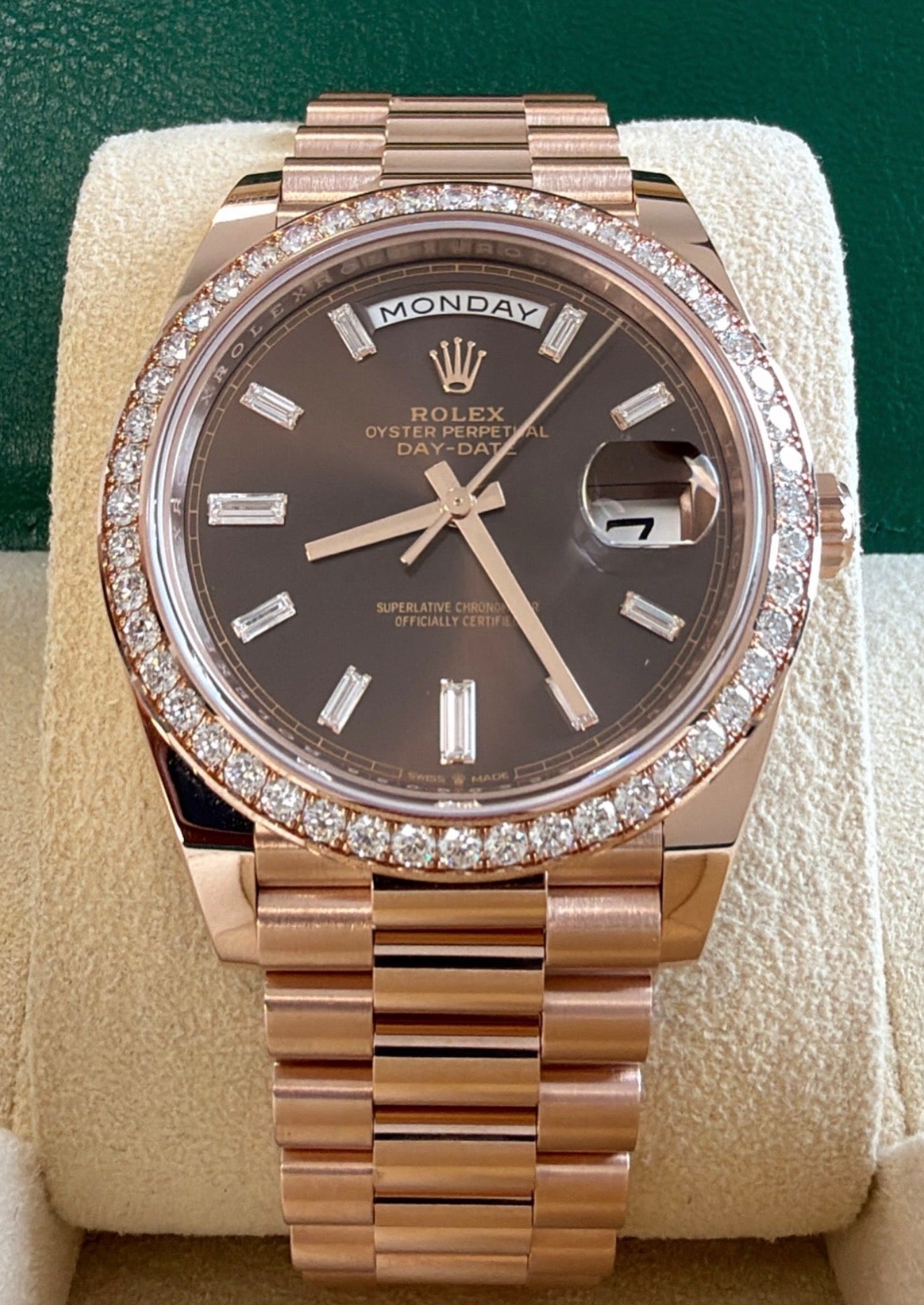 Rolex Day-Date 40 Chocolate Baguette Dial Factory Diamond Bezel 228345RBR