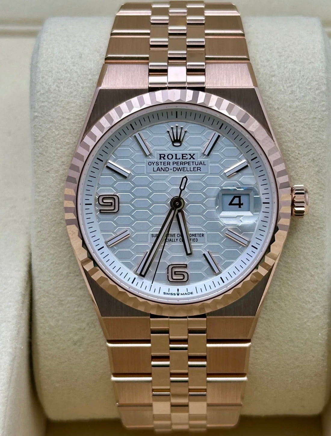Rolex Land-Dweller 36 Everose Gold Intense White Honeycomb Motif Dial Fluted Bezel Flat Jubilee Bracelet 127235 - 2026
