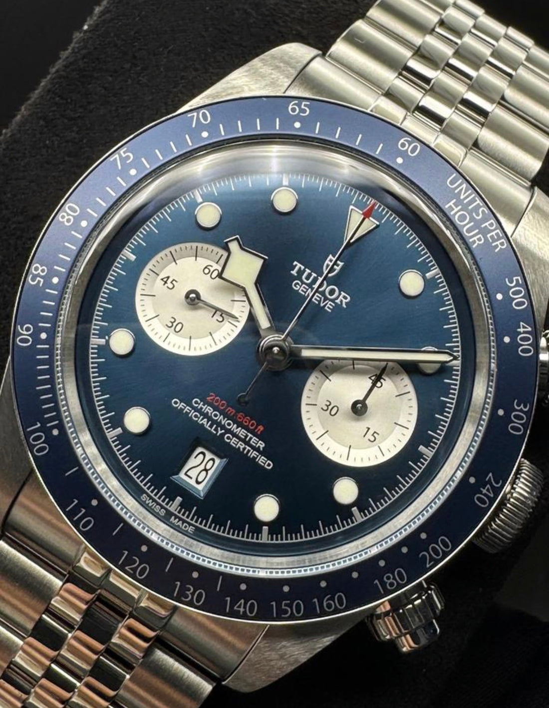 Tudor Black Bay Chrono Blue M79360B-0002 angled dial and blue tachymeter bezel