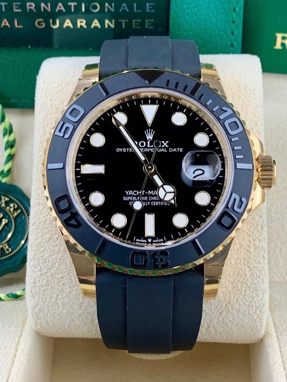 Rolex Yacht-Master 42 226658 black dial on Oysterflex, straight-on front view in box