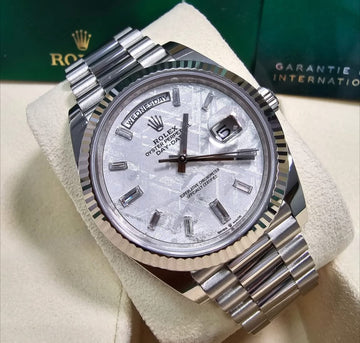 Rolex White Gold Day-Date 40 Watch - Fluted Bezel - Meteorite Baguette Diamond Dial - President Bracelet - 228239 mtdp