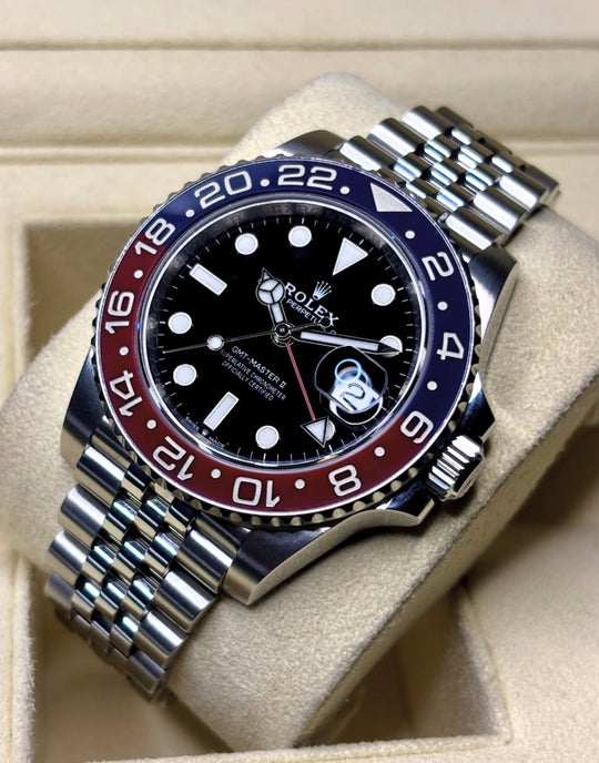 Rolex GMT-Master II ref. 126710BLRO with black dial, red-and-blue Cerachrom bezel and Jubilee bracelet, left three-quarter front view