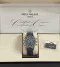 Patek Philippe Chronograph 5172G-001 in white gold with blue dial and blue calfskin strap, front view in the presentation box