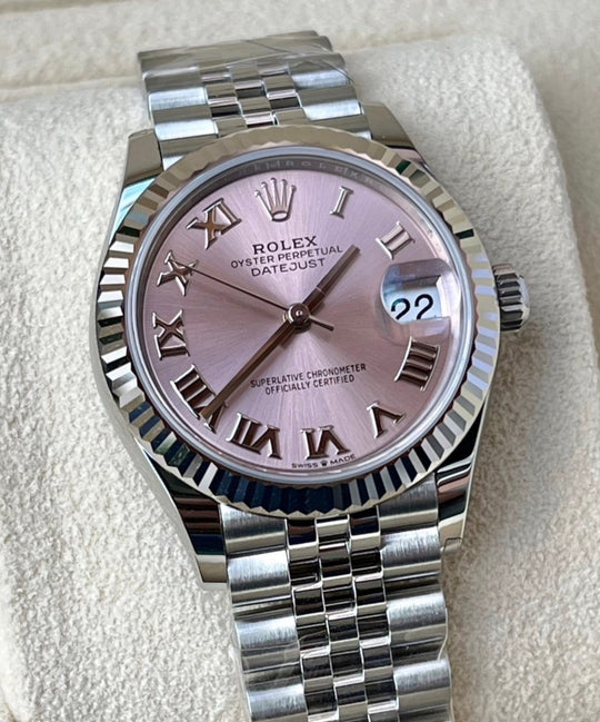 Rolex Datejust 31 278274 White Rolesor, pink Roman dial on Jubilee bracelet, close-up front view