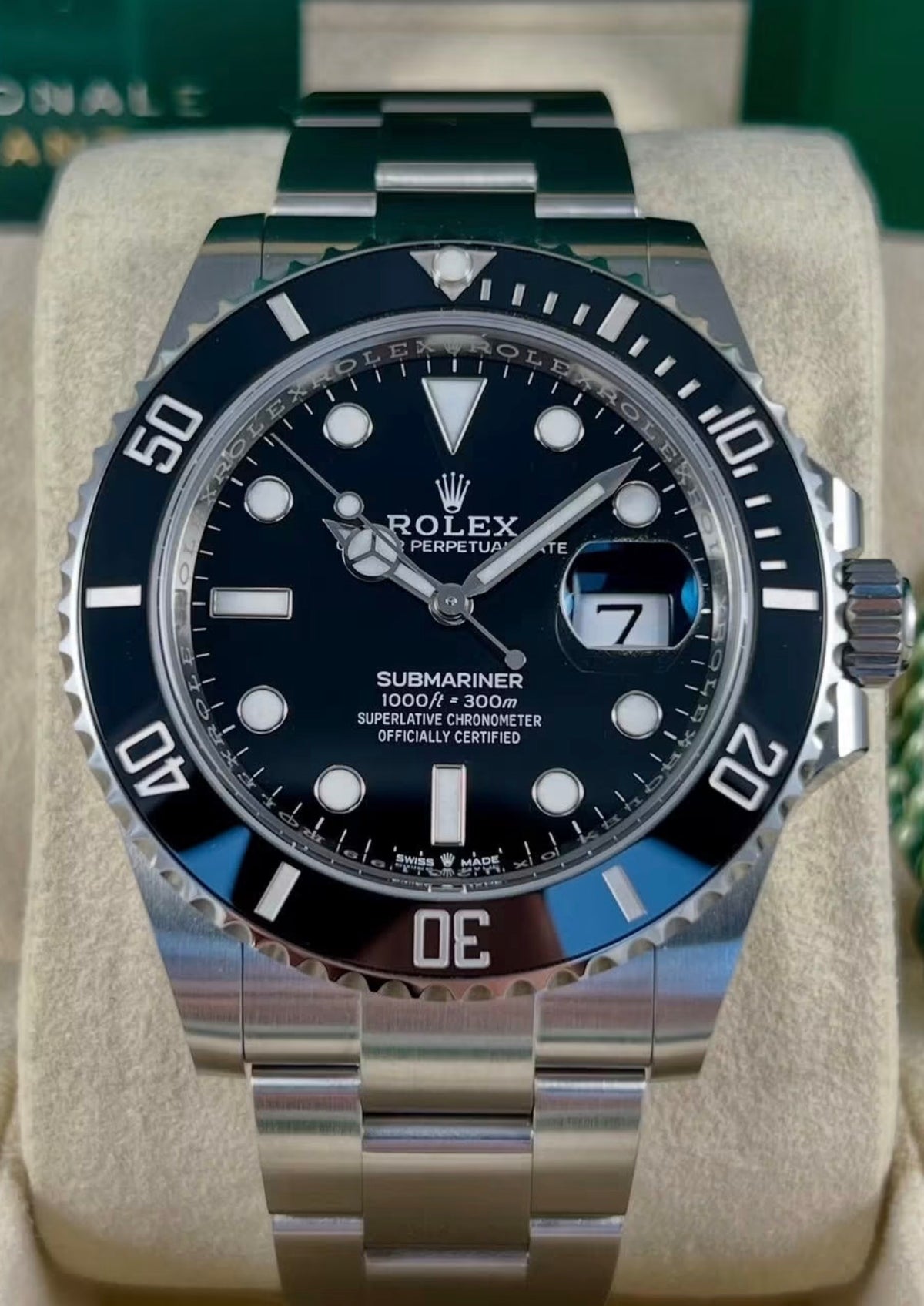 Rolex Submariner Date reference 126610LN black dial and black Cerachrom bezel on Oystersteel Oyster bracelet, straight-on front view