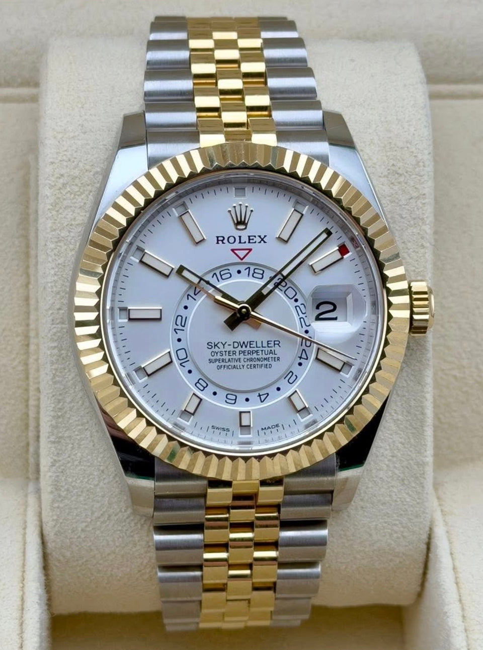 Rolex Sky-Dweller 336933 white dial and Jubilee bracelet, straight-on front view