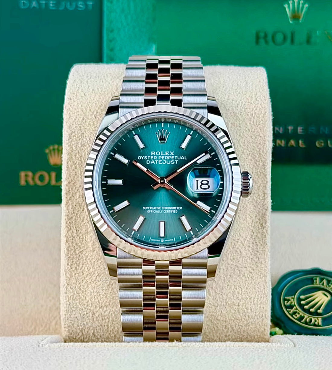 Rolex reference 126234 stainless steel Datejust 36mm Green Dial, Index Hour Makers on Jubilee. Complete Set.