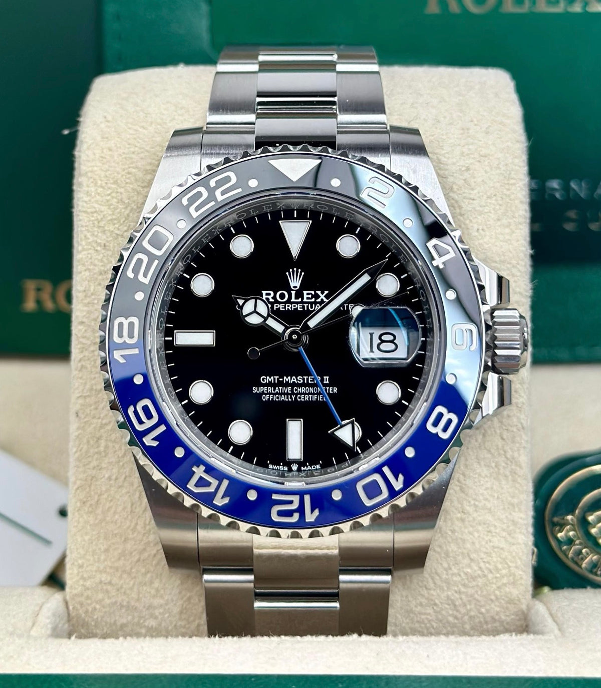 Rolex GMT-Master II ref. 126710BLNR with black dial, blue-and-black Cerachrom bezel and Oyster bracelet, straight-on front view