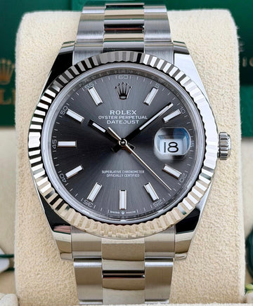Rolex Steel and White Gold Rolesor Datejust 41 Watch - Fluted Bezel - Dark Rhodium Index Dial - Oyster Bracelet - 126334 dkrio