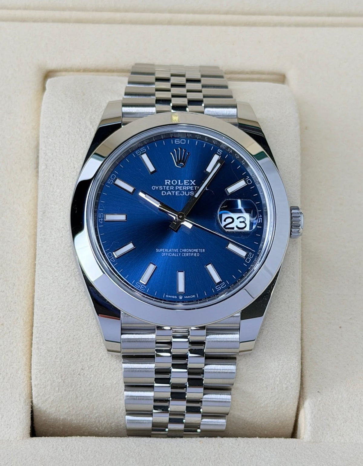Rolex Datejust 41 Blue Index Dial Jubilee 126300, straight-on front view with blue index dial and Jubilee bracelet