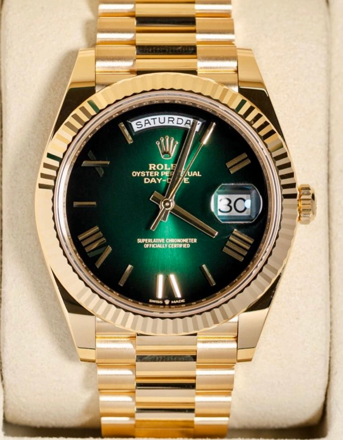 Rolex Day-Date 40 reference 228238 green ombré Roman numeral dial on yellow gold President bracelet, straight-on front view