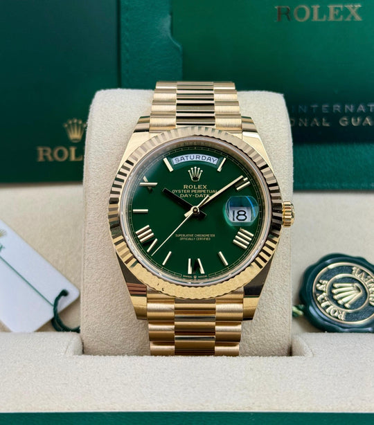 Rolex Day-Date 40 reference 228238 green lacquer dial on yellow gold President bracelet, full presentation-set front view