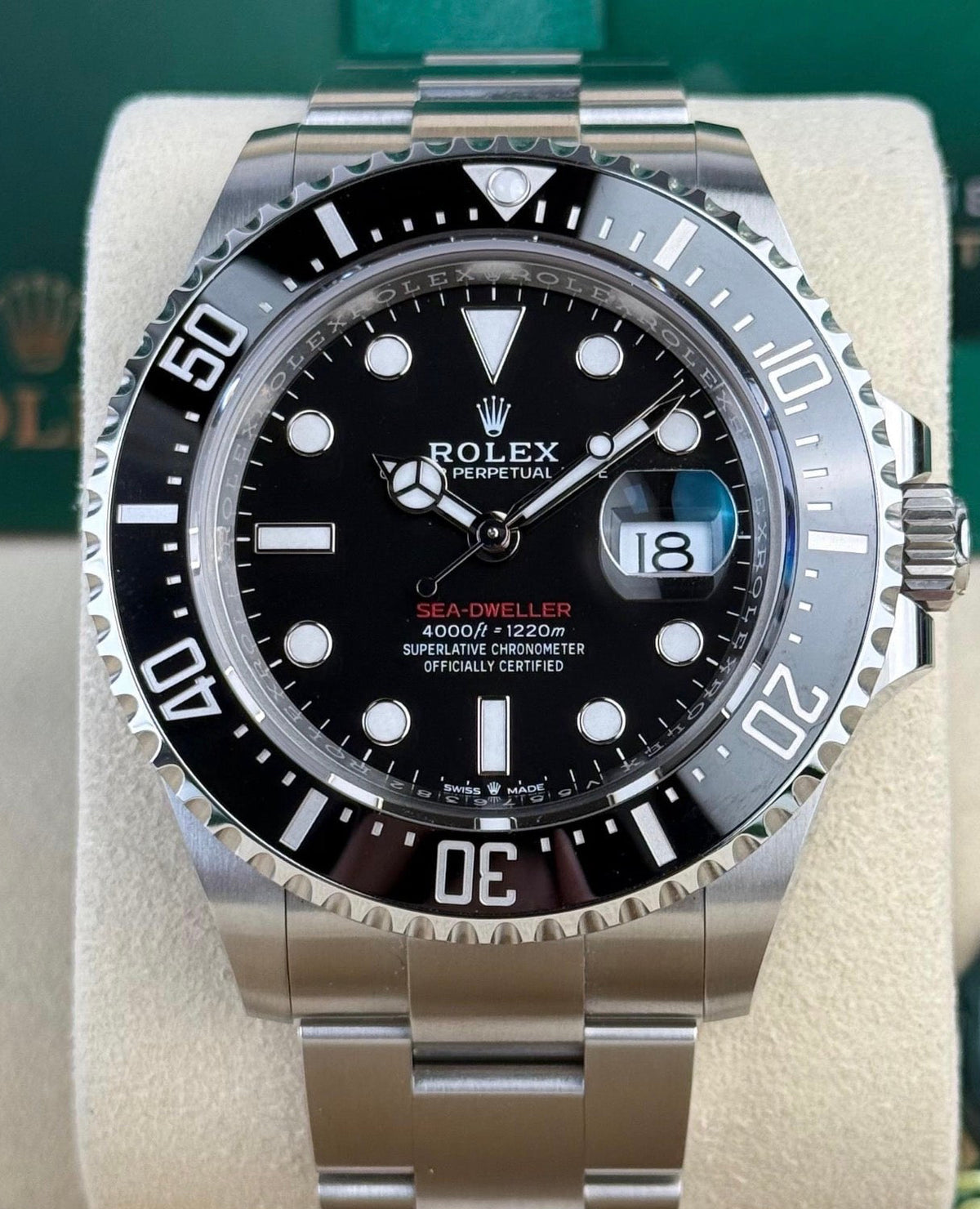 Rolex Sea-Dweller reference 126600 black dial and black Cerachrom bezel on Oystersteel Oyster bracelet, straight-on front view