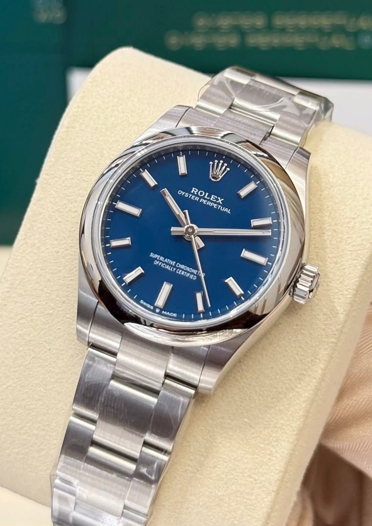 Rolex Oyster Perpetual 277200 — blue dial and Oyster bracelet, angled front view