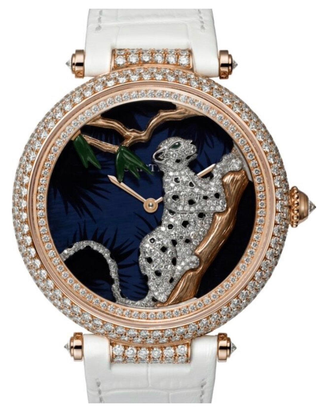 Cartier Panthère Au Clair de Lune rose gold diamond watch HPI00712 — front view of panther motif dial