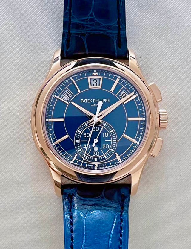Patek Philippe Flyback Chronograph Annual Calendar 5905R-010 with blue dial, straight-on front close-up