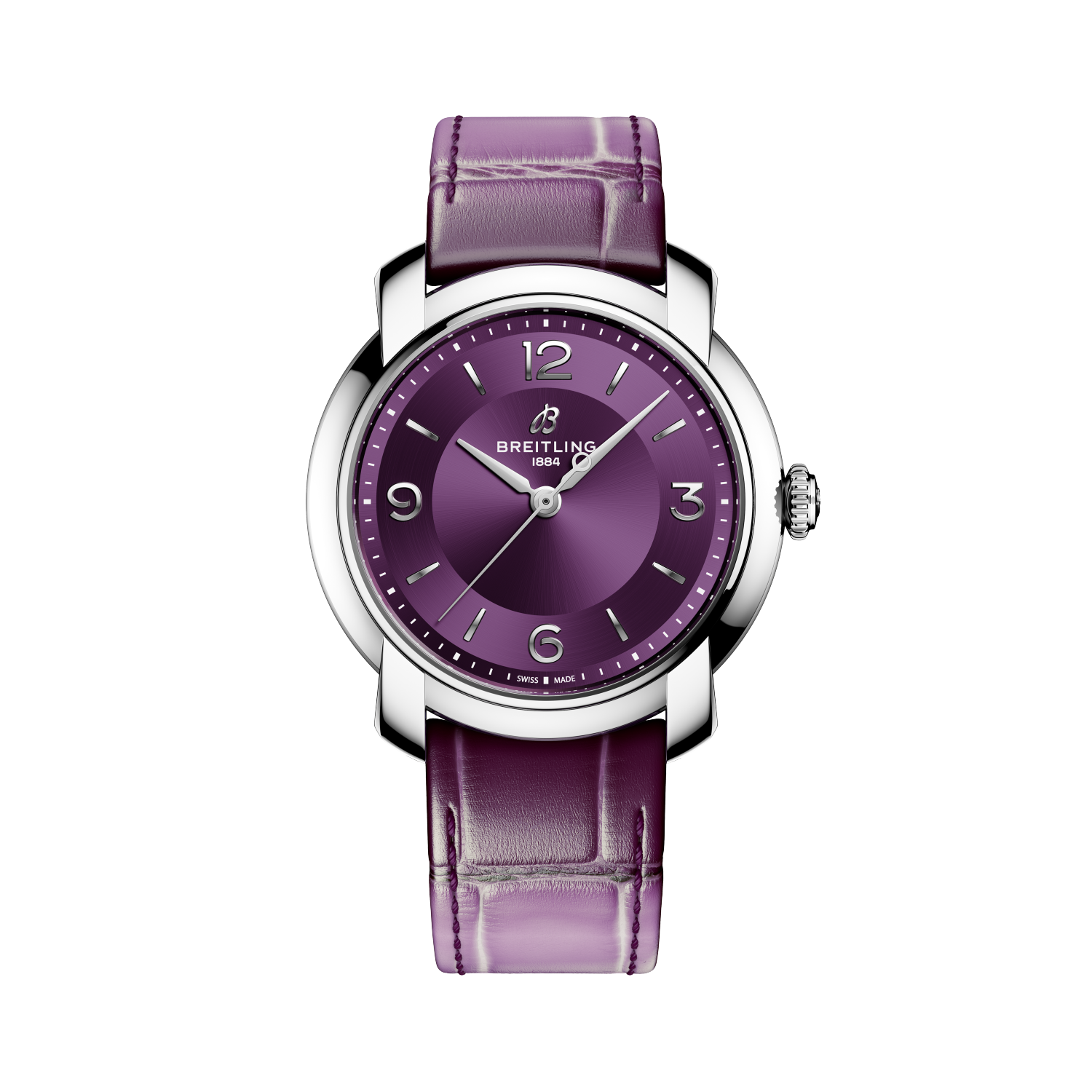 Breitling Lady Premier Automatic 36 reference A10310121Q1P1 with Purple dial, Stainless steel case, alligator strap, front view