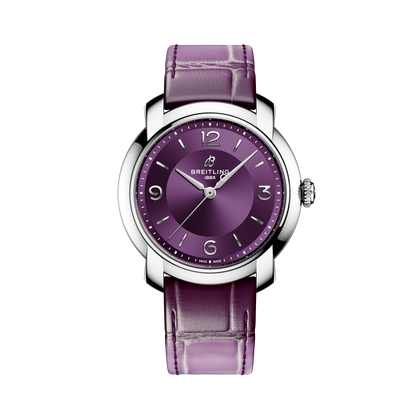 Breitling Lady Premier Automatic 36 reference A10310121Q1P1 with Purple dial, Stainless steel case, alligator strap, front view