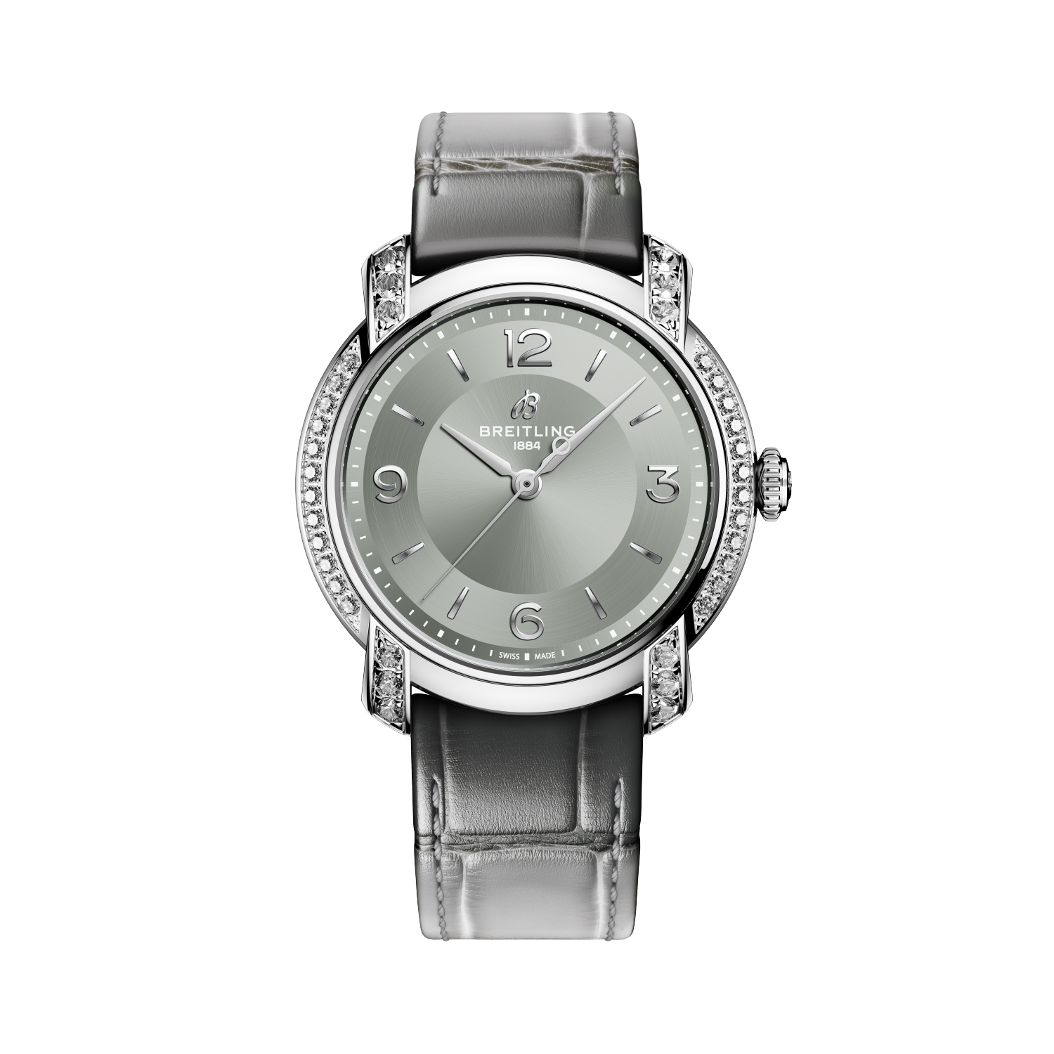 Breitling Lady Premier Automatic 36 reference A10310671M1P1 with Dove grey dial, Stainless steel case, alligator strap, front view