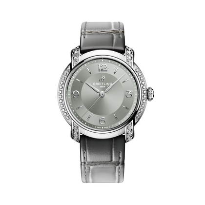 Breitling Lady Premier Automatic 36 reference A10310671M1P1 with Dove grey dial, Stainless steel case, alligator strap, front view