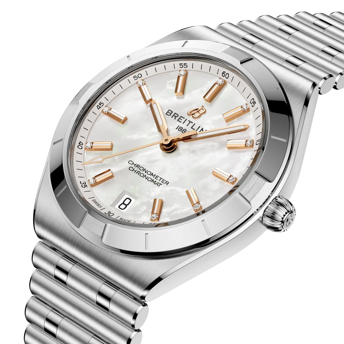 Breitling Chronomat Automatic 36 reference A10320101A1A1 with Mother-of-pearl dial, Stainless steel case, strap, front view