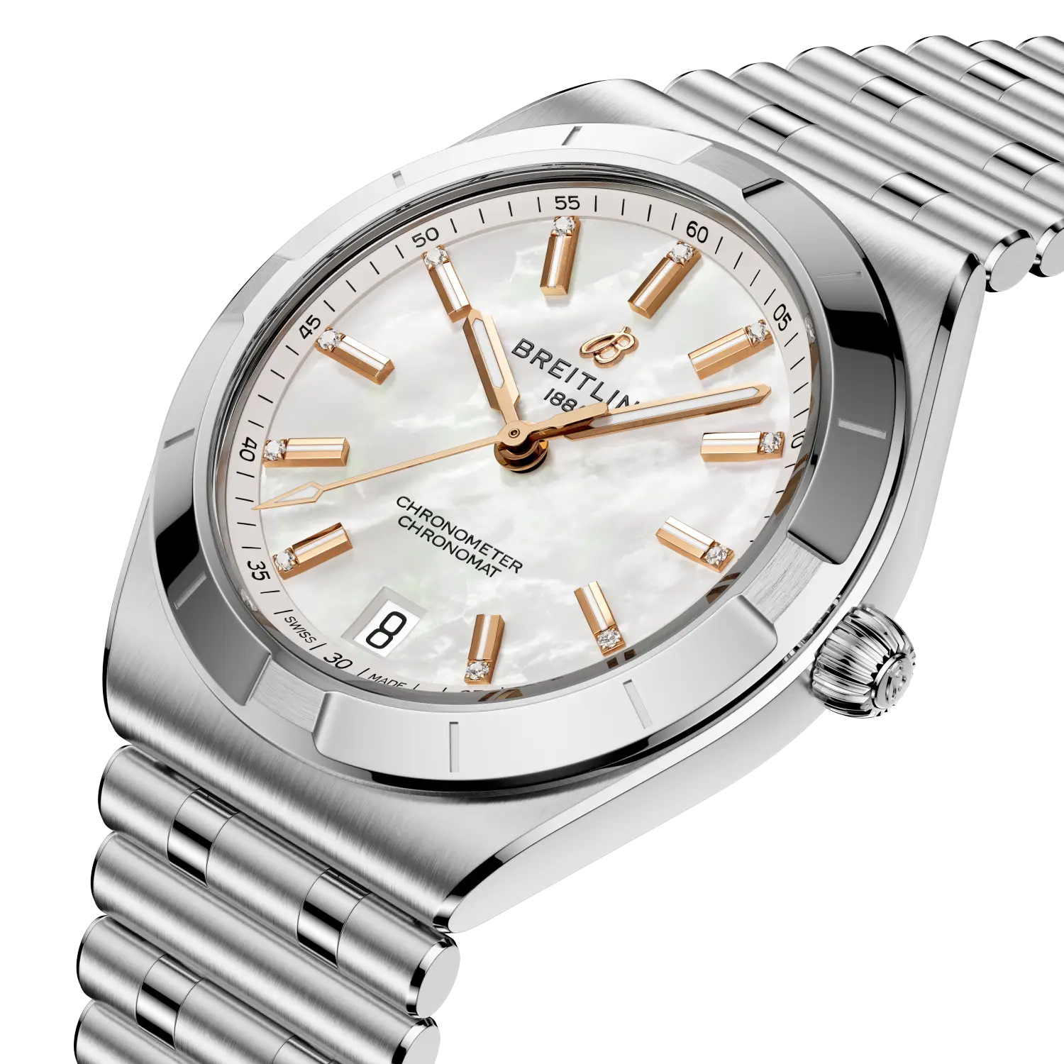 Breitling Chronomat Automatic 36 reference A10320101A1A1 with Mother-of-pearl dial, Stainless steel case, strap, three-quarter view