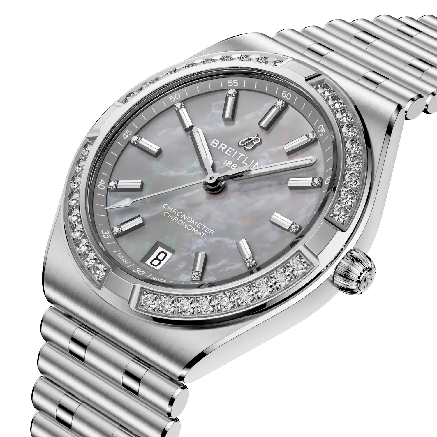 Breitling Chronomat Automatic 36 reference A10320591G1A1 with Gray mother-of-pearl dial, Stainless steel case, strap, three-quarter view