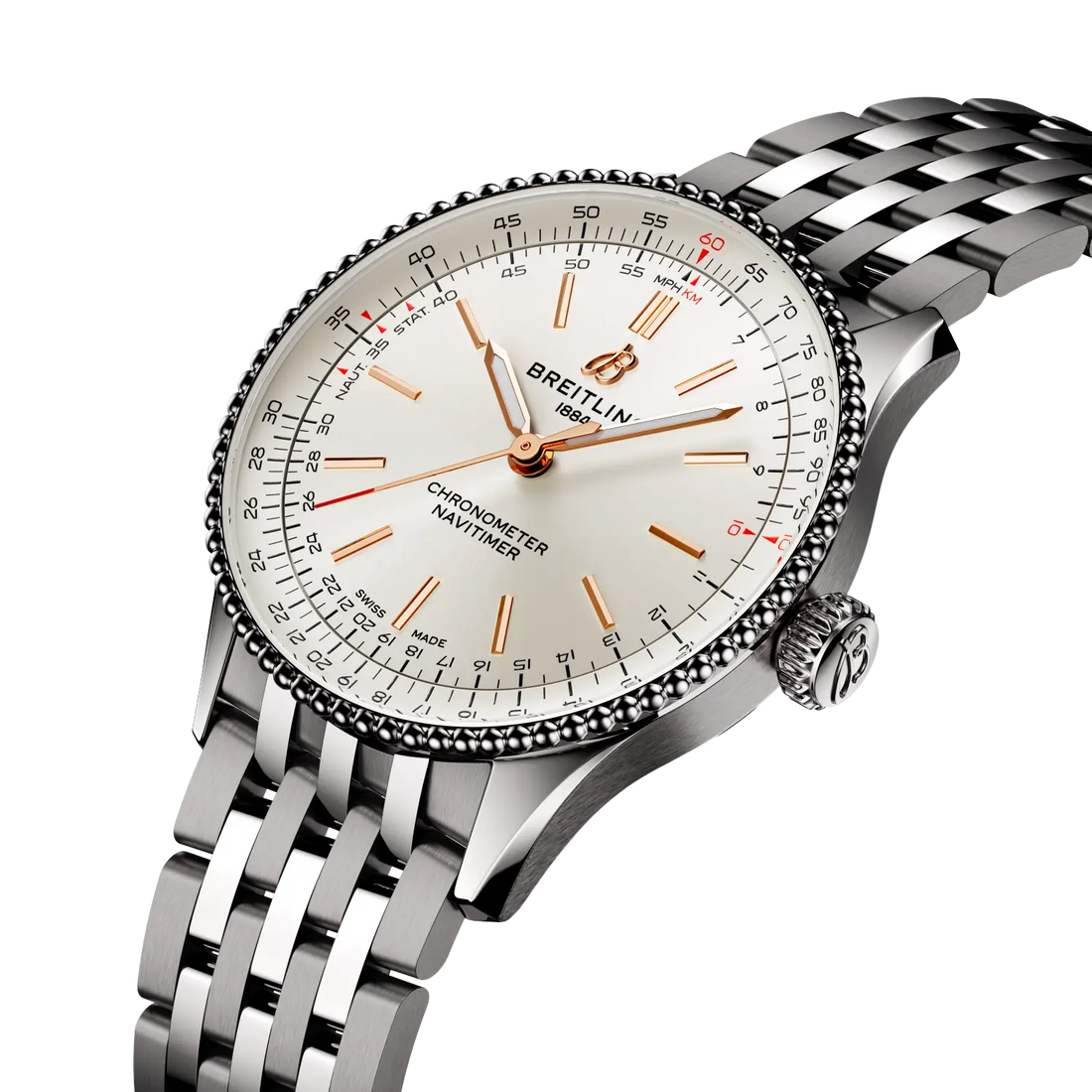 Breitling Navitimer Automatic 36 reference A17327211G1A1 with Cream dial, Stainless steel case, bracelet, three-quarter view
