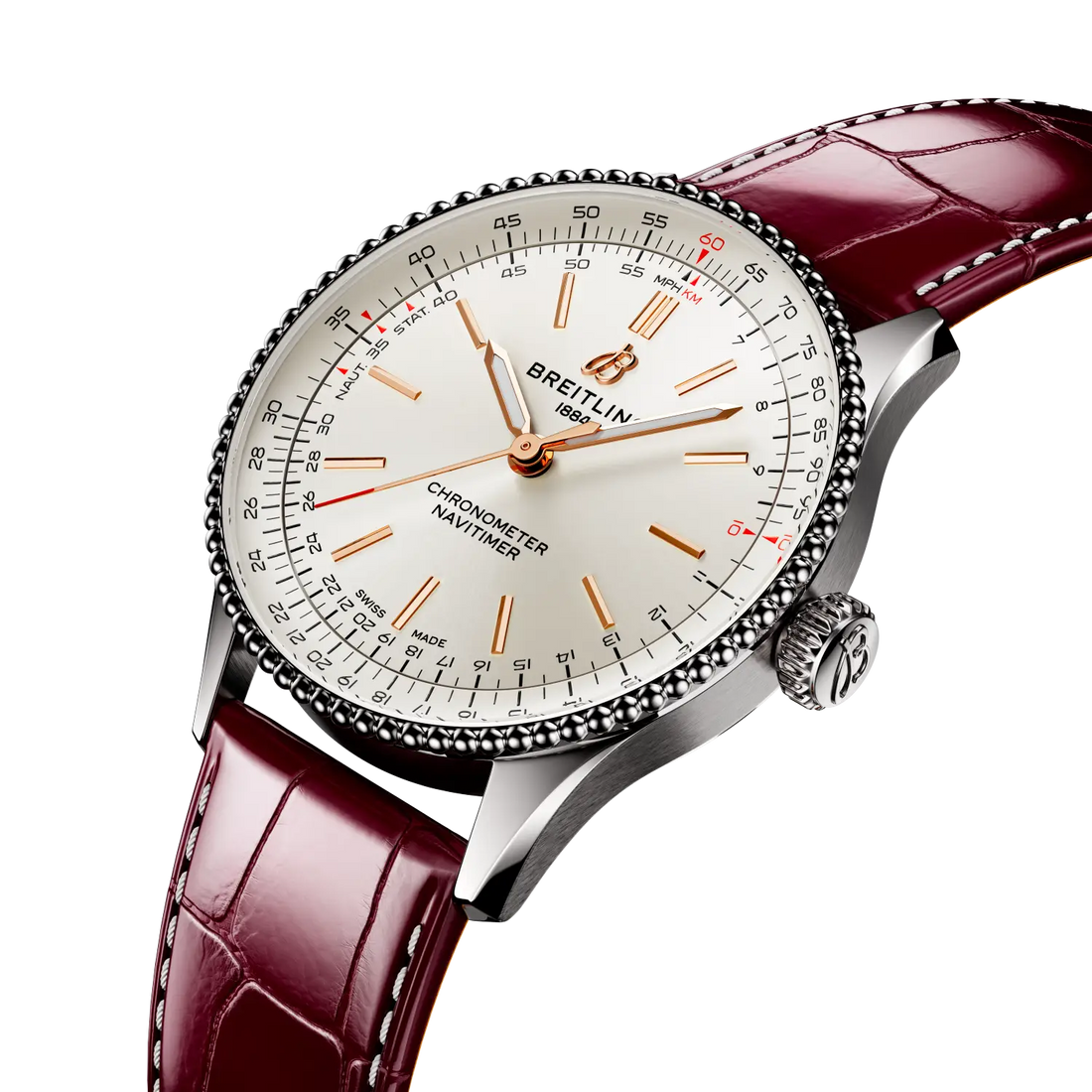 Breitling Navitimer Automatic 36 reference A17327211G1P1 with Cream dial, Stainless steel case, alligator strap, three-quarter view