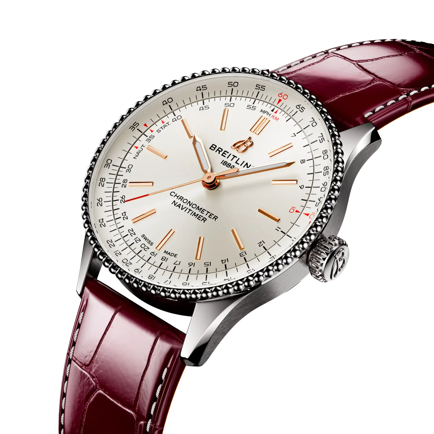Breitling Navitimer Automatic 36 reference A17327211G1P1 with Cream dial, Stainless steel case, alligator strap, three-quarter view