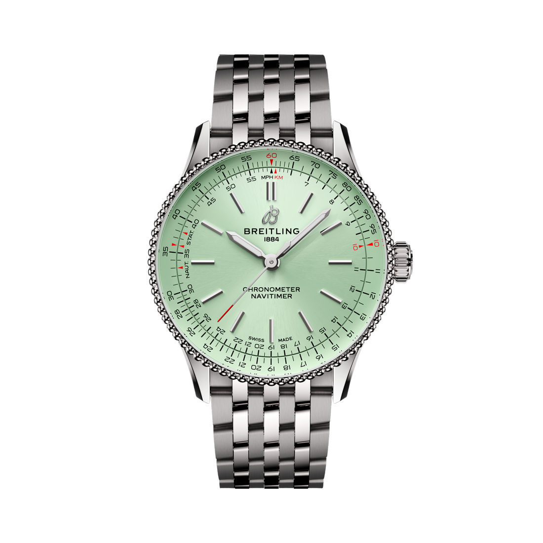Breitling Navitimer Automatic 36 reference A17327361L1A1 with Mint green dial, Stainless steel case, bracelet, front view