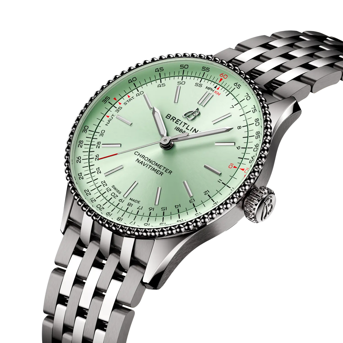 Breitling Navitimer Automatic 36 reference A17327361L1A1 with Mint green dial, Stainless steel case, bracelet, three-quarter view
