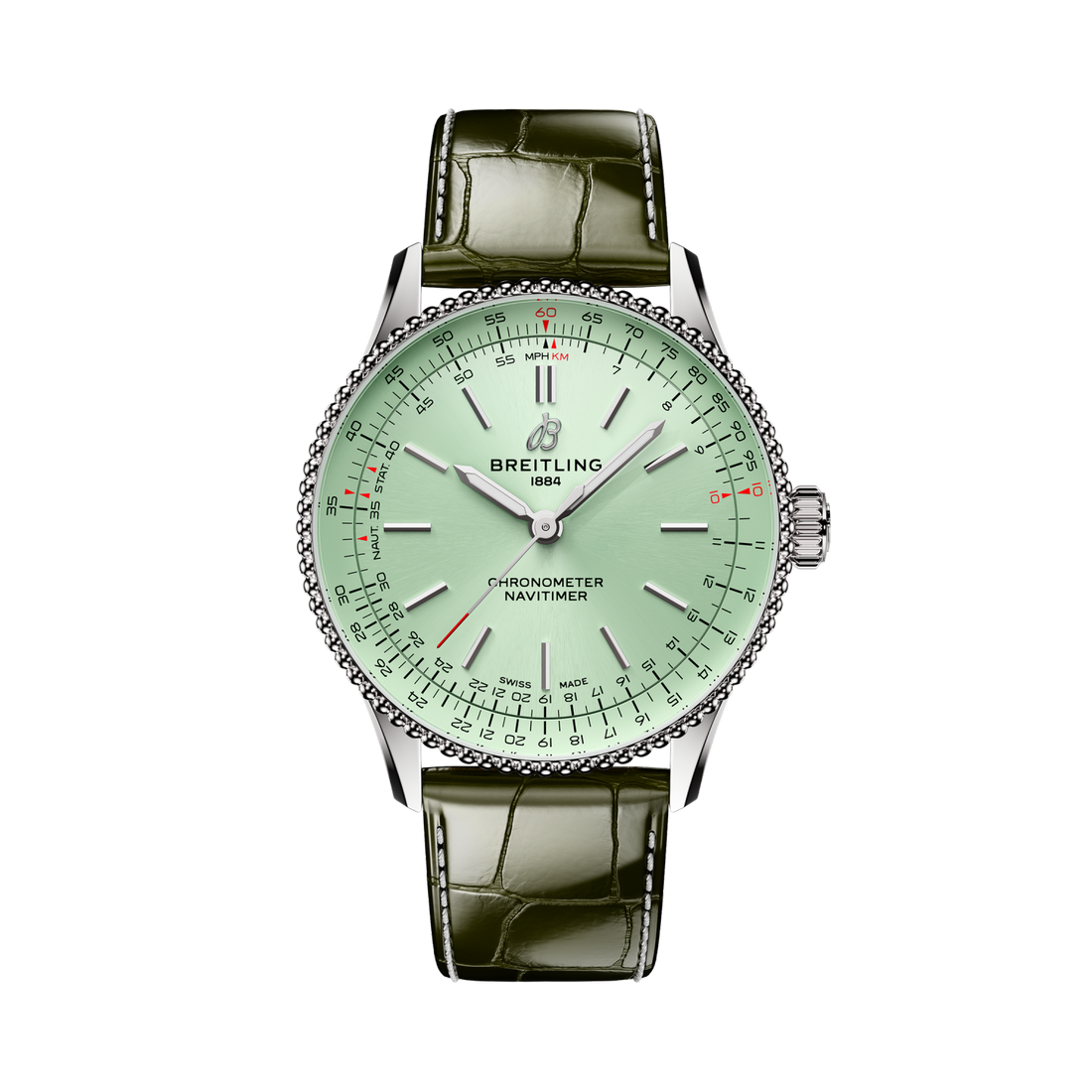 Breitling Navitimer Automatic 36 reference A17327361L1P1 with Mint green dial, Stainless steel case, alligator strap, front view