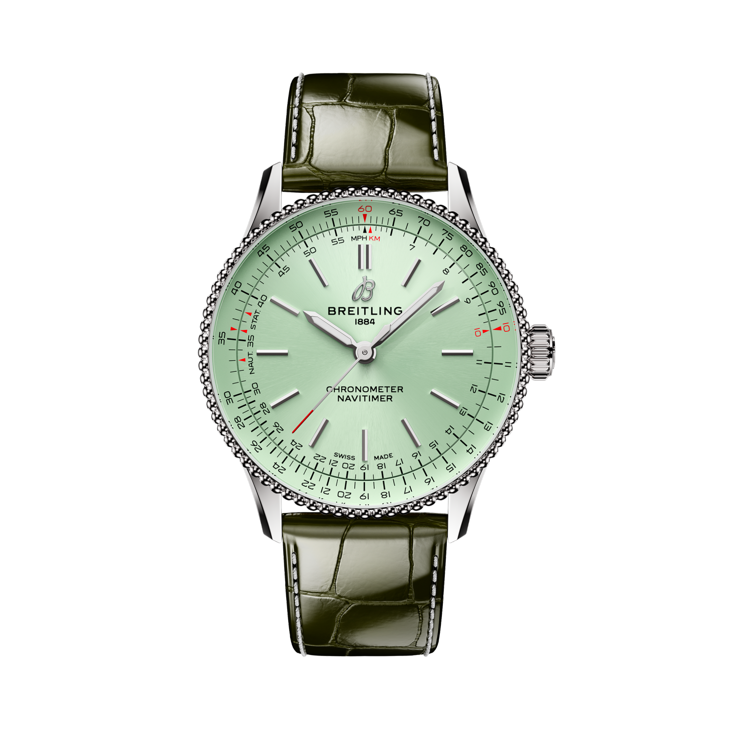 Breitling Navitimer Automatic 36 reference A17327361L1P1 with Mint green dial, Stainless steel case, alligator strap, front view