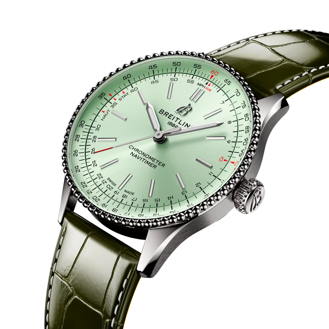 Breitling Navitimer Automatic 36 reference A17327361L1P1 with Mint green dial, Stainless steel case, alligator strap, three-quarter view