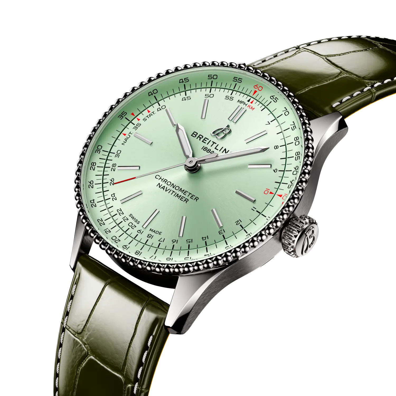 Breitling Navitimer Automatic 36 reference A17327361L1P1 with Mint green dial, Stainless steel case, alligator strap, three-quarter view