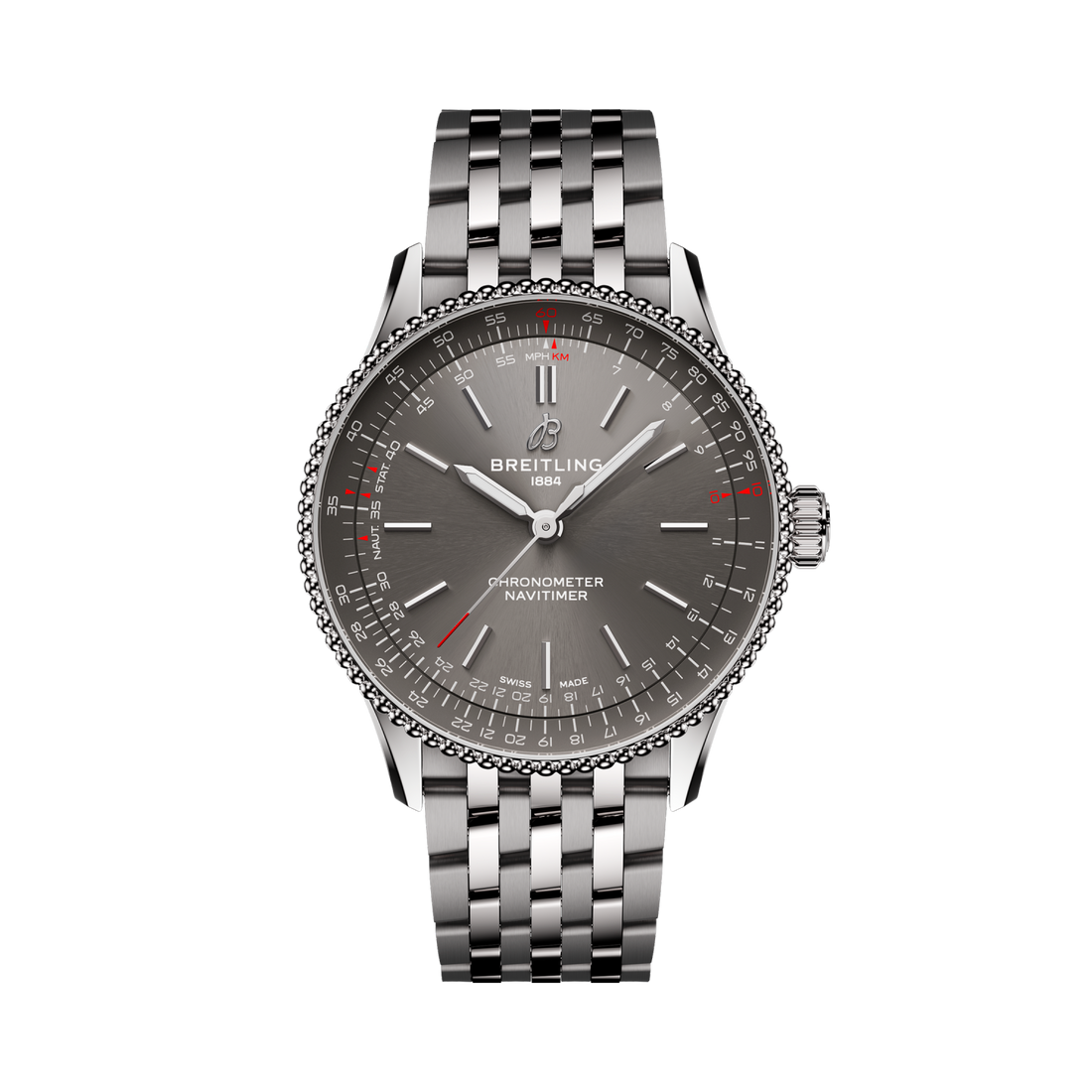 Breitling Navitimer Automatic 36 reference A17327381B1A1 with Anthracite dial, Stainless steel case, bracelet, front view