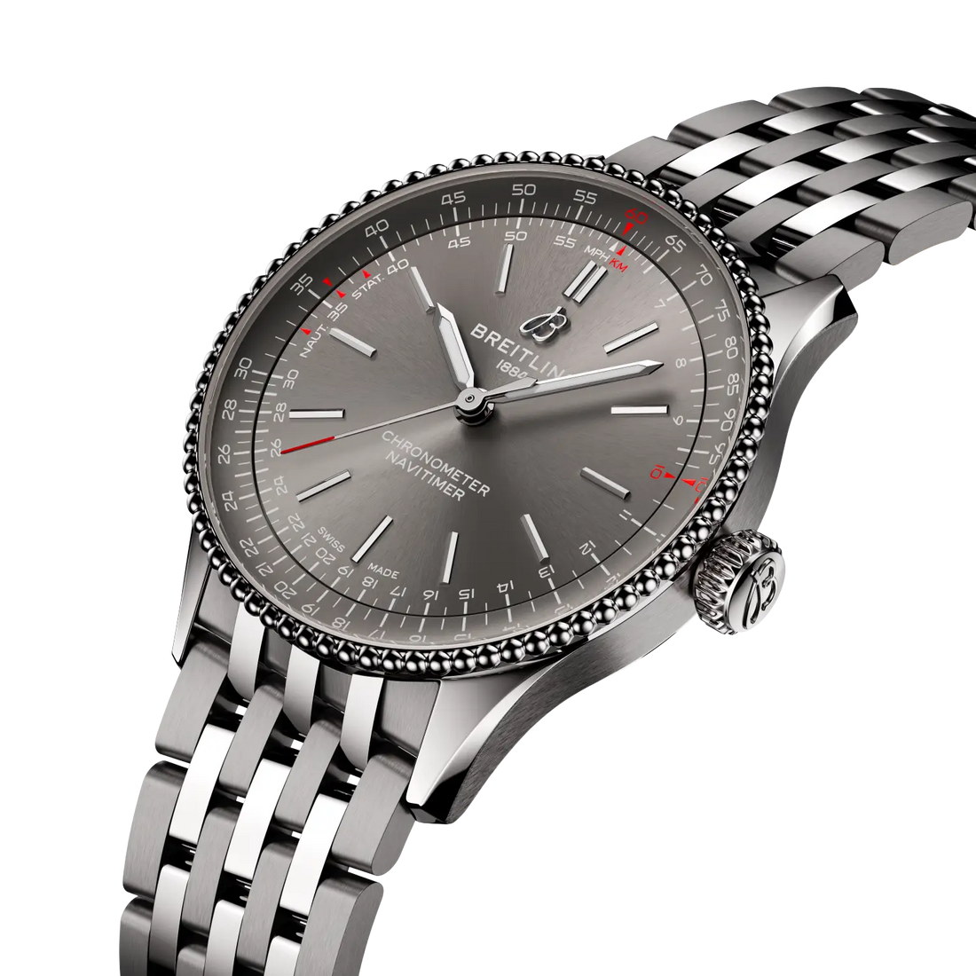 Breitling Navitimer Automatic 36 reference A17327381B1A1 with Anthracite dial, Stainless steel case, bracelet, three-quarter view