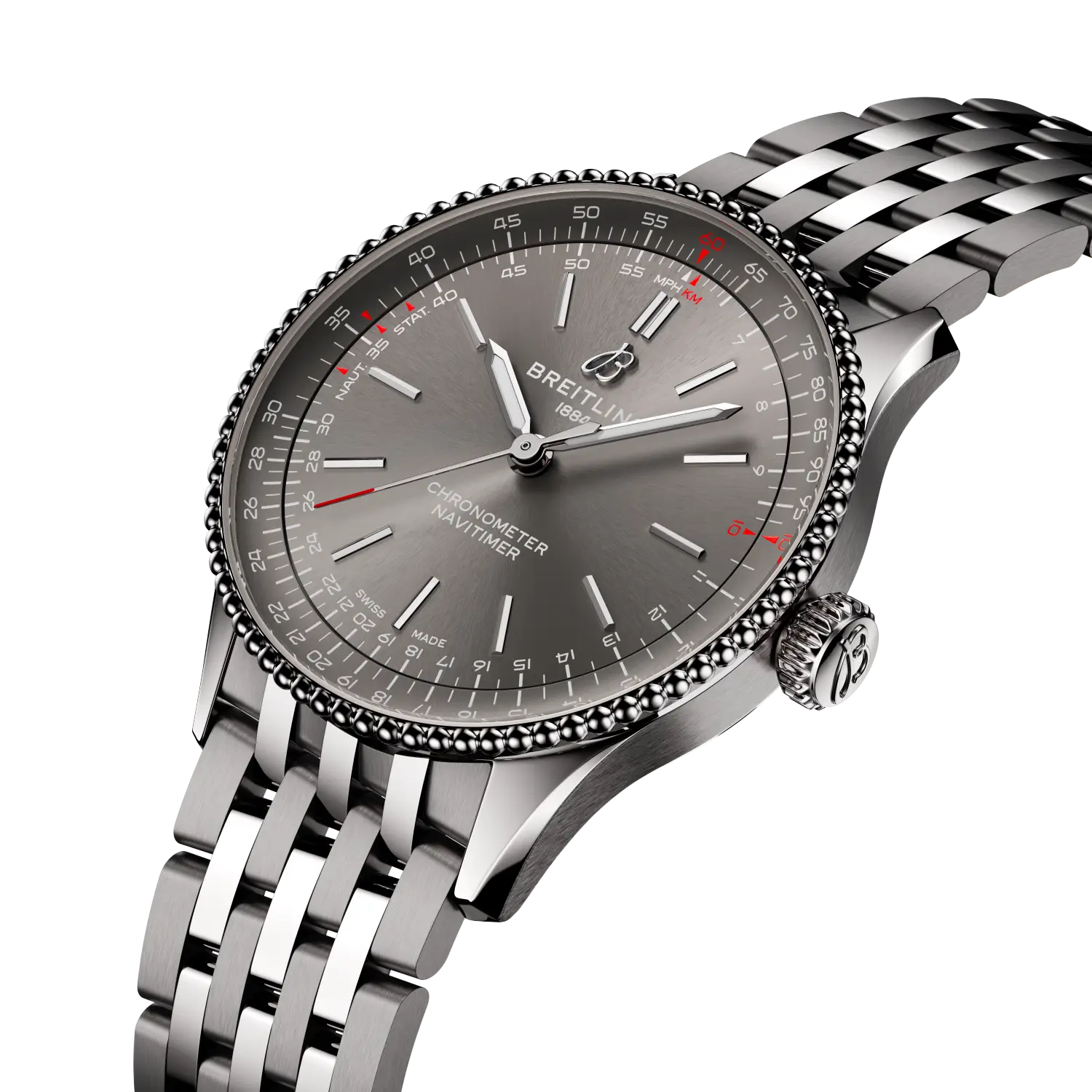 Breitling Navitimer Automatic 36 reference A17327381B1A1 with Anthracite dial, Stainless steel case, bracelet, three-quarter view