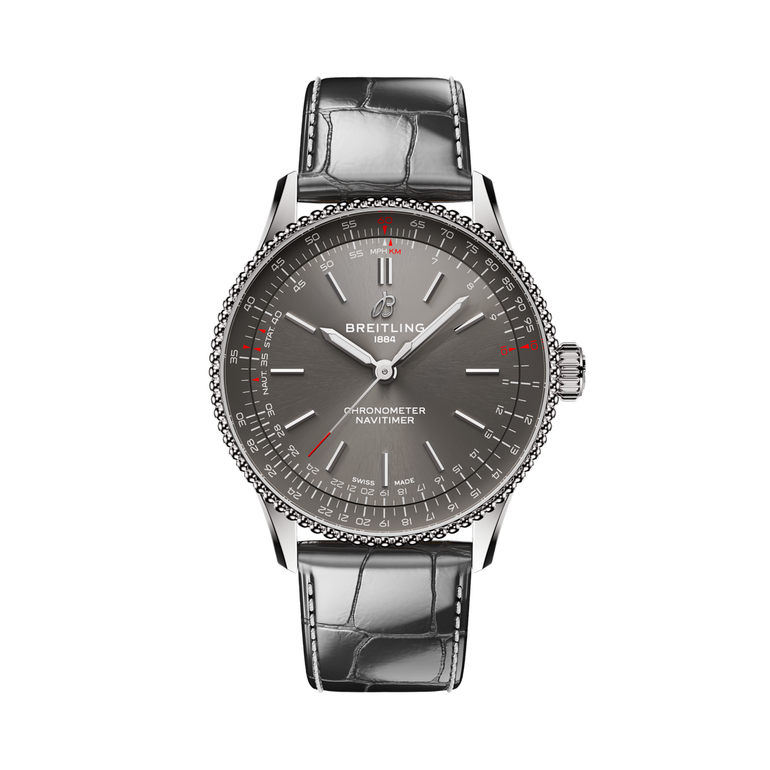Breitling Navitimer Automatic 36 reference A17327381B1P1 with Anthracite dial, Stainless steel case, alligator strap, front view