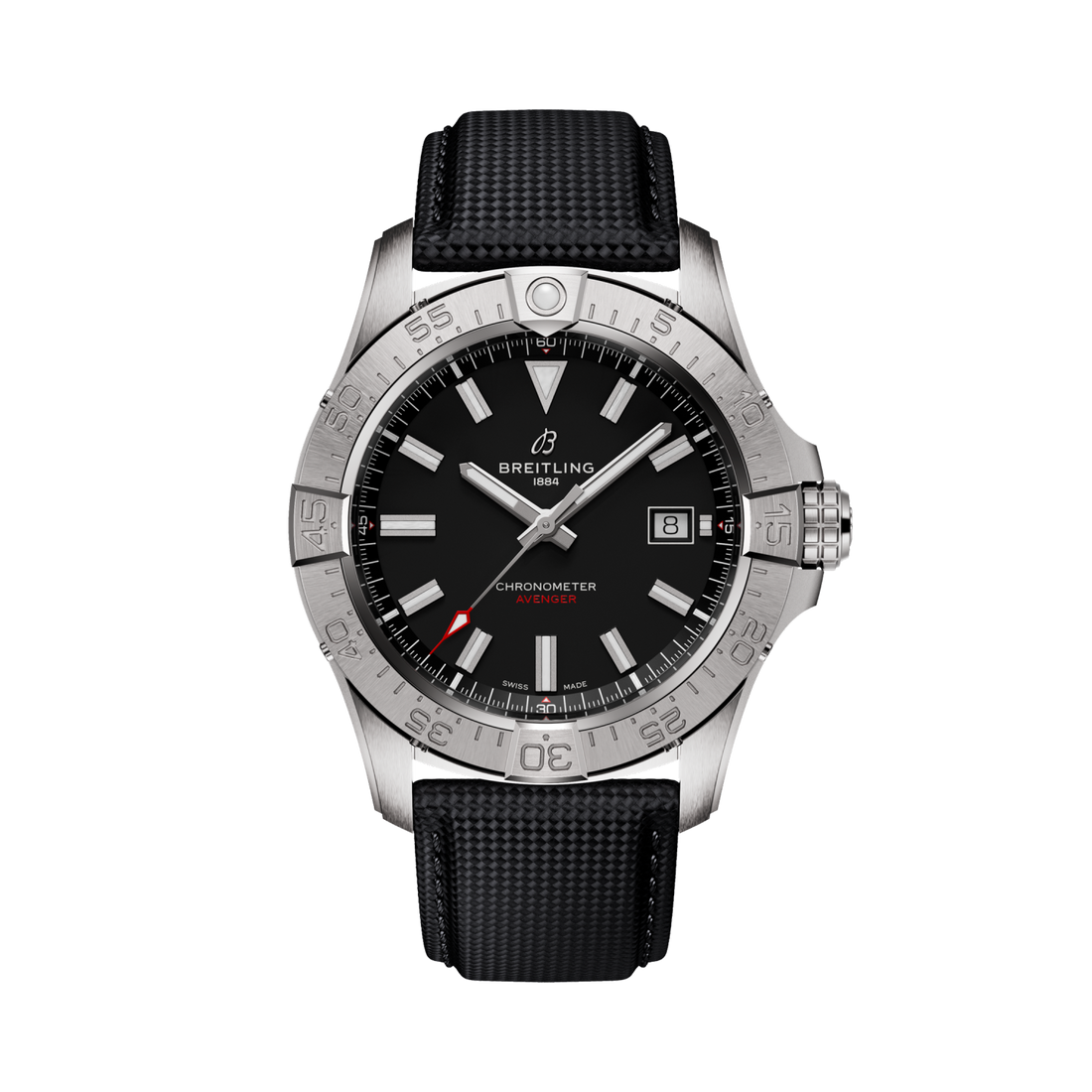 Breitling Avenger Automatic 42 reference A17328101B1X1 with Black dial, Stainless steel case, anthracite calfskin strap, front view