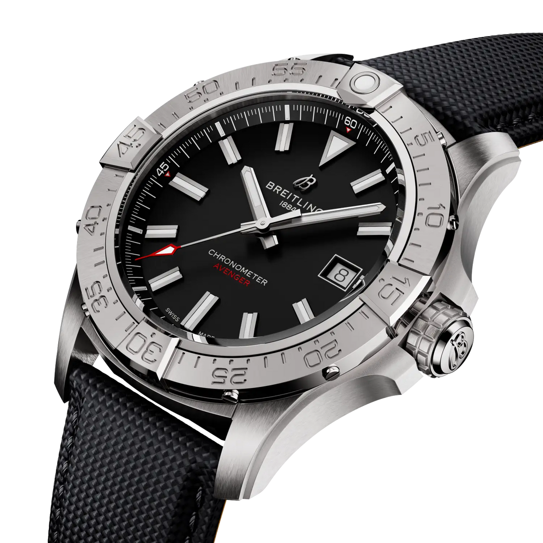 Breitling Avenger Automatic 42 reference A17328101B1X1 with Black dial, Stainless steel case, anthracite calfskin strap, front view