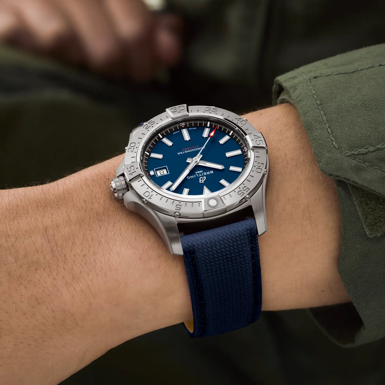 Breitling Avenger Automatic 42 reference A17328101C1X1 with Blue dial, Stainless steel case, calfskin strap, on-wrist view