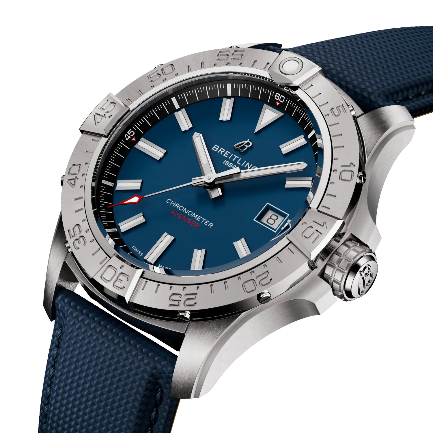 Breitling Avenger Automatic 42 reference A17328101C1X1 with Blue dial, Stainless steel case, calfskin strap, three-quarter view